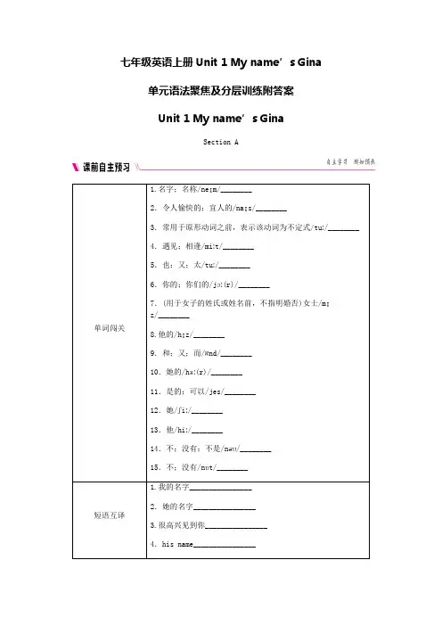 人教版新目标七年级英语上册Unit1My name’s Gina知识点单词过关单元语法聚焦及课时练习分层训练附答案