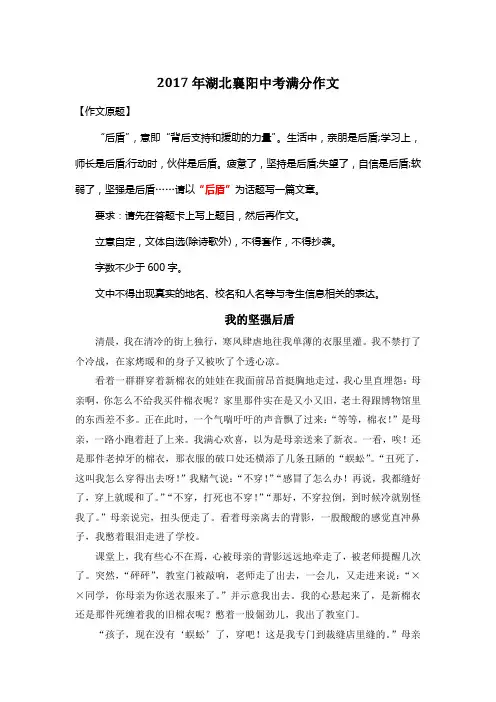 2017年湖北襄阳中考满分作文《我的坚强后盾》