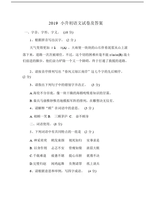 2019小升初语文试卷习题包括答案.docx
