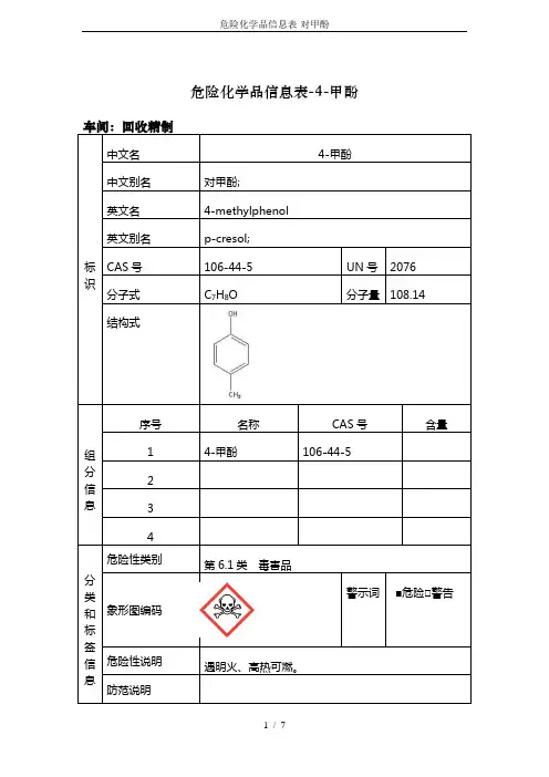 危险化学品信息表-对甲酚