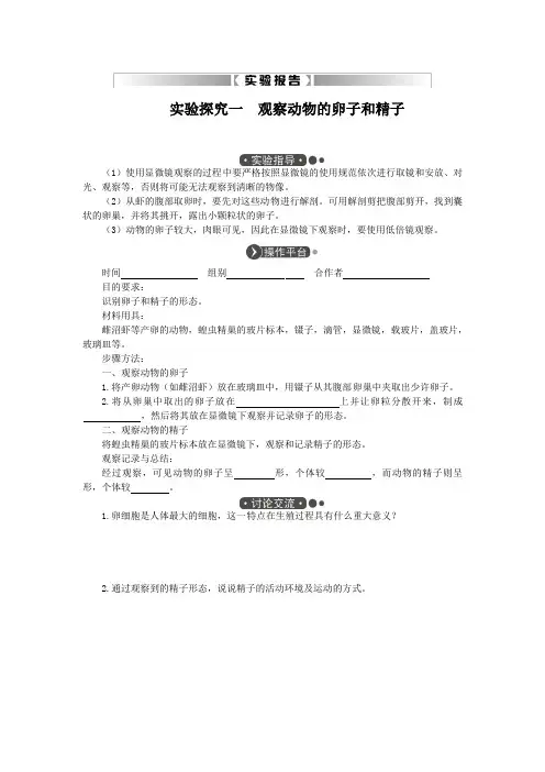 实验报告：一 观察动物的卵子和精子(生物苏教版七下)