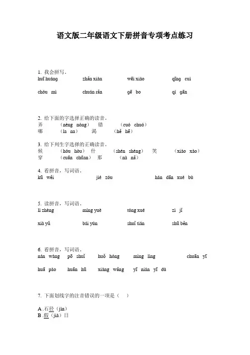 语文版二年级语文下册拼音专项考点练习