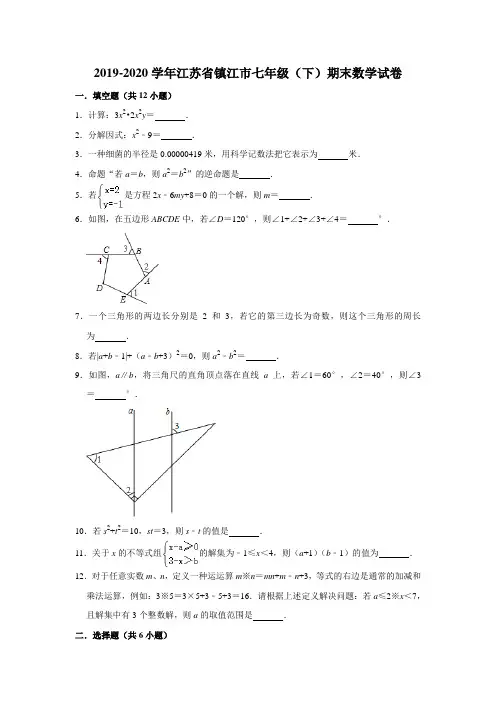江苏省镇江市2019-2020学年第二学期七年级期末考试数学试卷 解析版