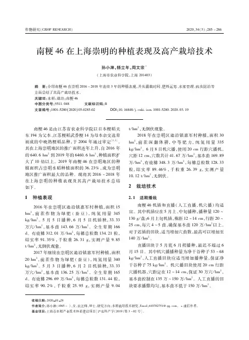 南粳46在上海崇明的种植表现及高产栽培技术