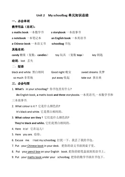Unit2Myschoolbag(知识清单)人教PEP版英语四年级上册