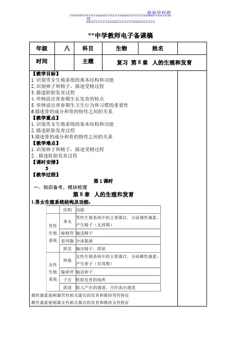 苏教版七年级下册生物中考复习教案
