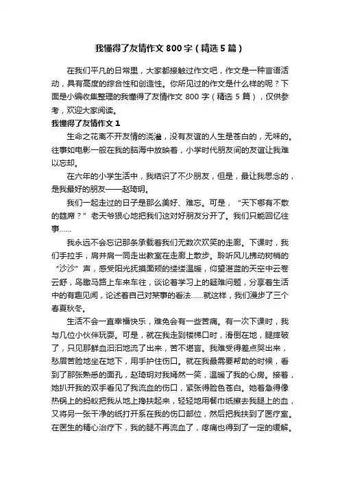 我懂得了友情作文800字（精选5篇）