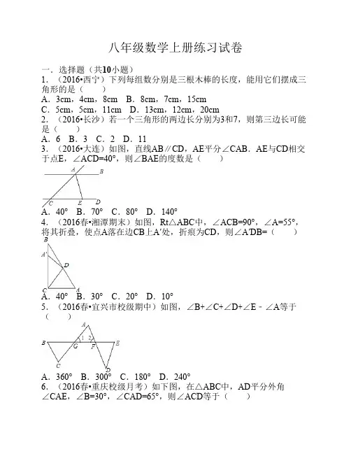 八年级数学上册练习试卷