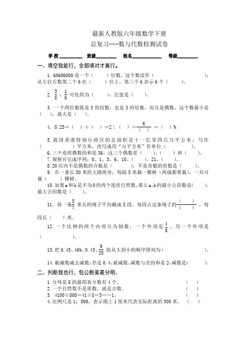 人教版六年级数学下册总复习数与代数试卷