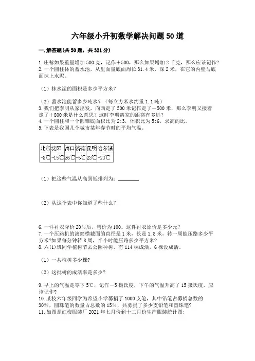 六年级小升初数学解决问题50道完整版