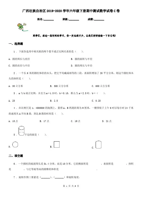 广西壮族自治区2019-2020学年六年级下册期中测试数学试卷C卷