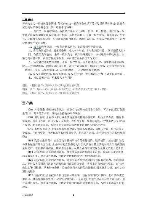 最新版会计科目明细表及借贷方向使用说明
