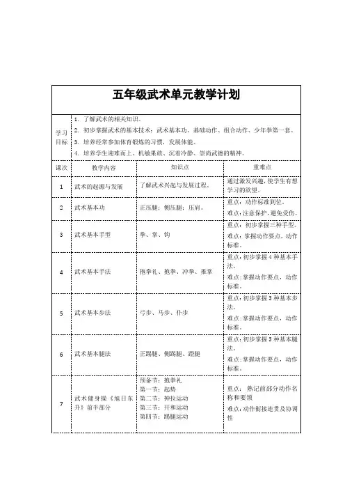 55水平三 五年级 武术大单元设计----少年拳教案