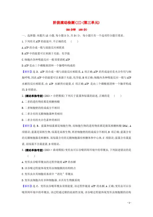 2025版高考生物一轮复习第三单元细胞的能量供应和利用阶段检测含解析新人教版