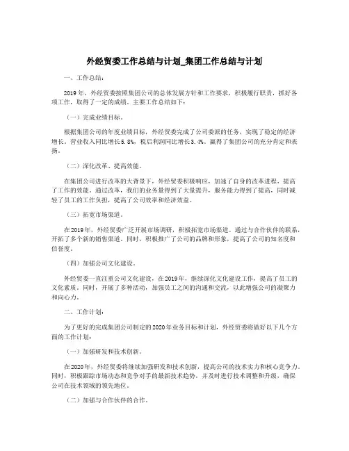 外经贸委工作总结与计划_集团工作总结与计划