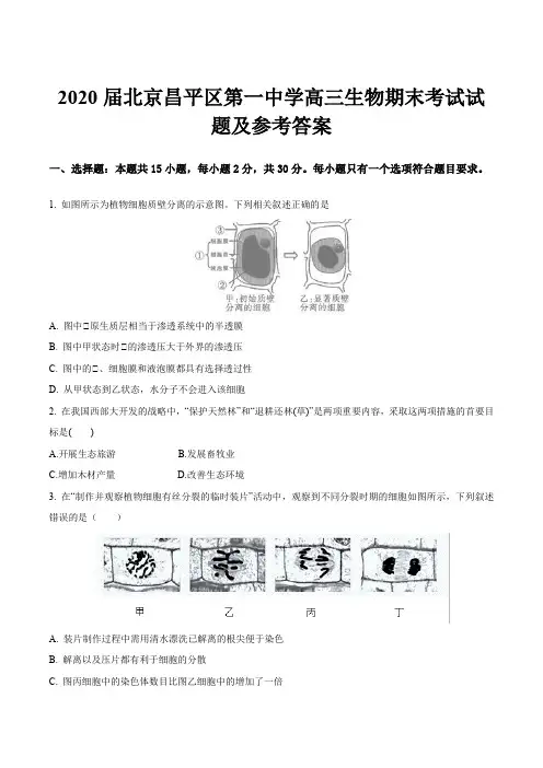 2020届北京昌平区第一中学高三生物期末考试试题及参考答案