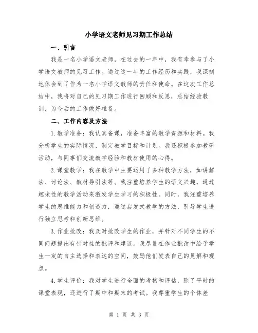 小学语文老师见习期工作总结