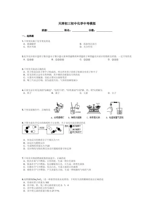 天津初三初中化学中考模拟带答案解析
