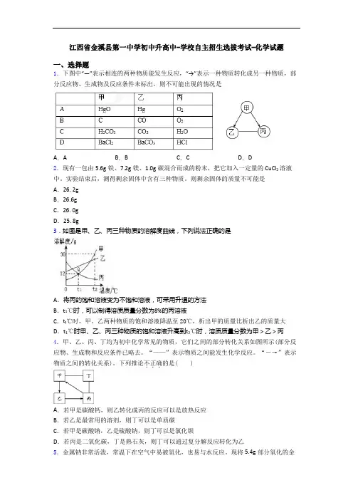 江西省金溪县第一中学初中升高中-学校自主招生选拔考试-化学试题