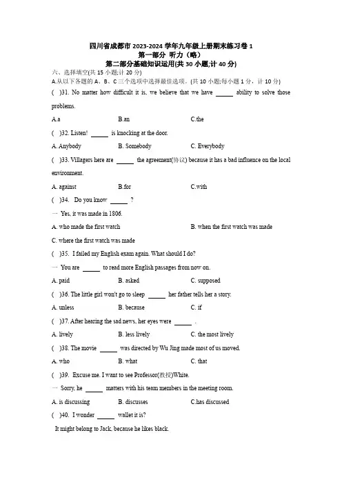 四川省成都市2023-2024学年九年级上学期期末练习卷英语试题(含答案)
