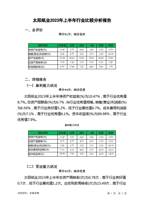 002078太阳纸业2023年上半年行业比较分析报告