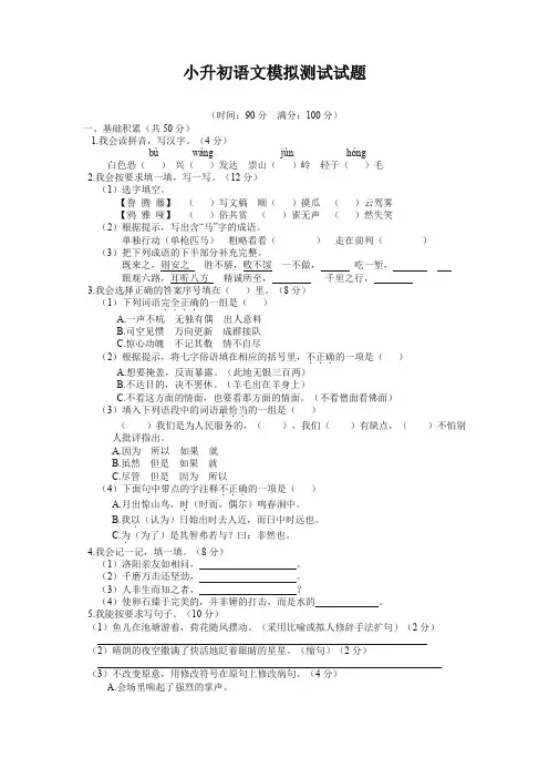 2020人教部编版小升初语文模拟试卷(含答案)(2020精编)