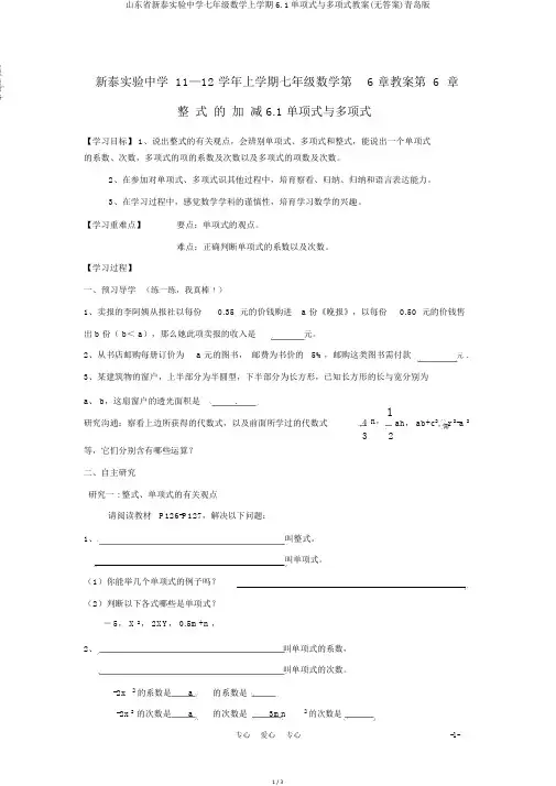 山东省新泰实验中学七年级数学上学期6.1单项式与多项式学案(无答案)青岛版