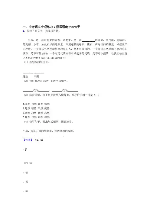 初中中考语文配套练习册根据语境补写句子答案及答案(Word版)