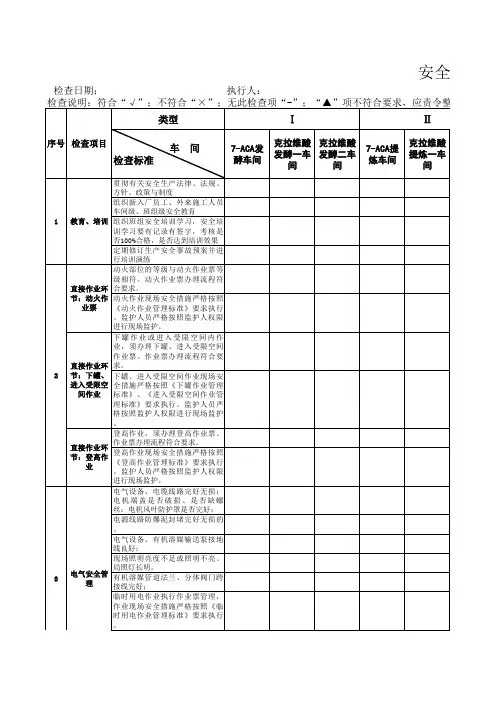 安全环保部对标日常检查表