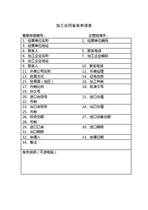 加工合同备案申请表