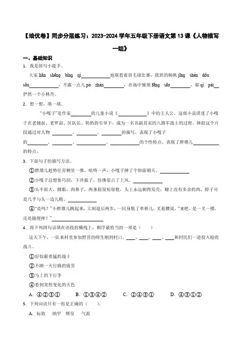 【培优卷】同步分层练习：2023-2024学年五年级下册语文第13课《人物描写一组》