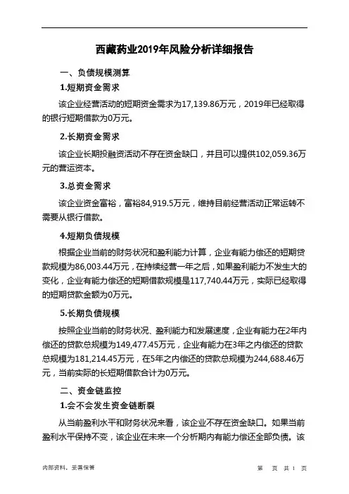 西藏药业2019年财务风险分析详细报告