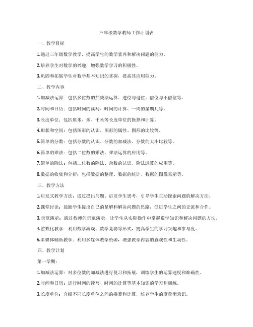 三年级数学教师工作计划表