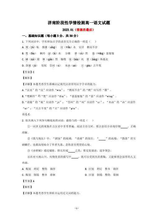山东省济南2022-2023学年高一上学期期末语文试题含解析