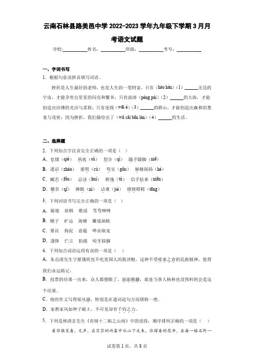 云南石林县路美邑中学2022-2023学年九年级下学期3月月考语文试题(含解析)