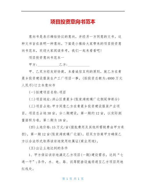 项目投资意向书范本