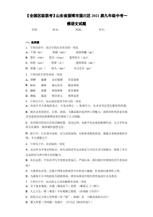 【全国区级联考】山东省淄博市淄川区2021届九年级中考一模语文试题