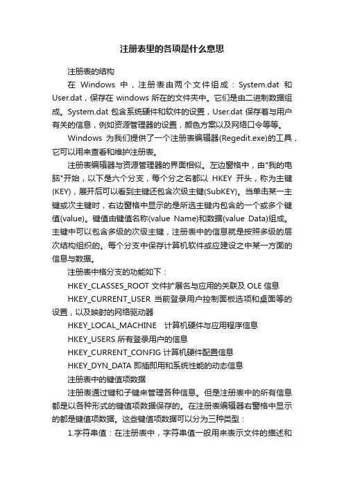 注册表里的各项是什么意思