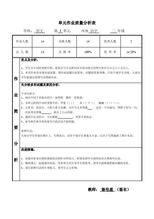 二年级语文下册第三单元作业质量分析表