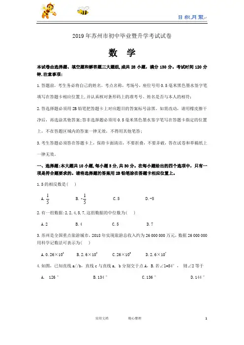 2019年江苏省苏州市中考数学试题(Word版,含解析)