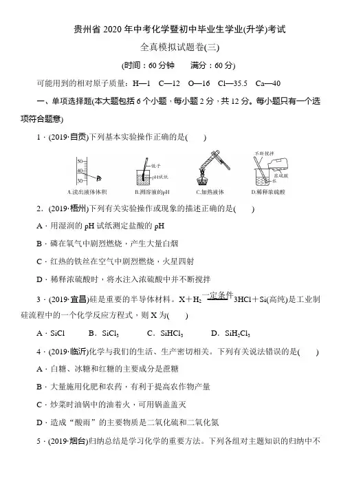 贵州省2020年中考化学暨初中毕业生学业(升学)考试  全真模拟试题卷(三)(含答案)