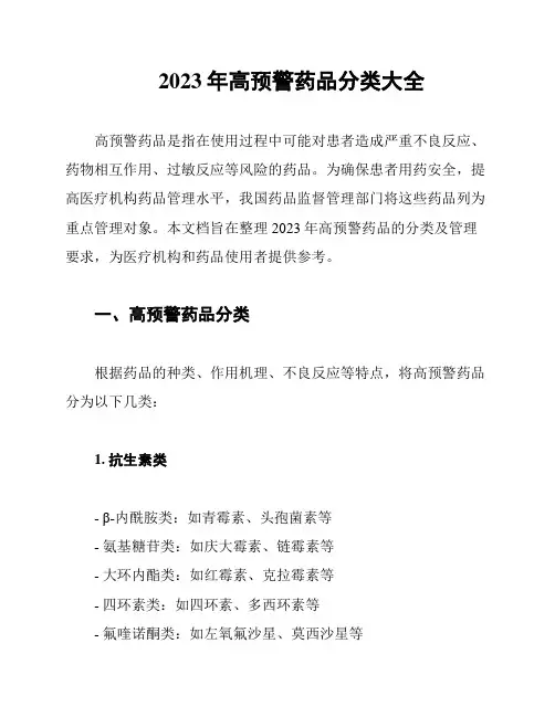 2023年高预警药品分类大全