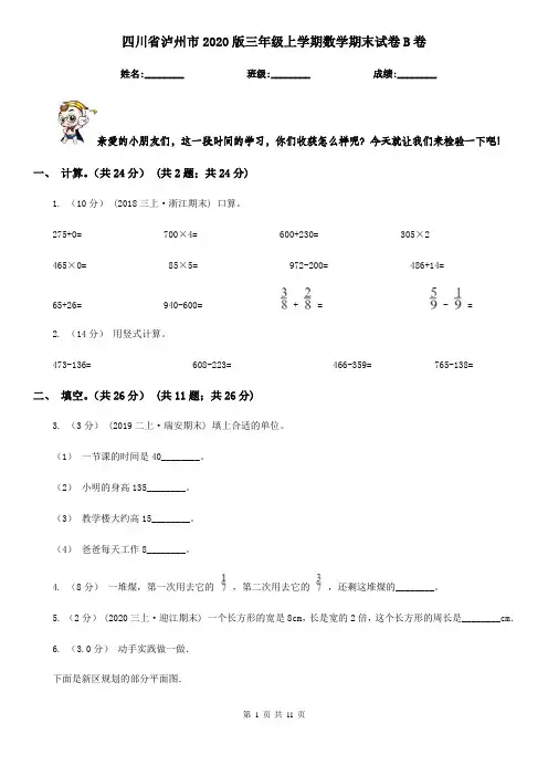 四川省泸州市2020版三年级上学期数学期末试卷B卷