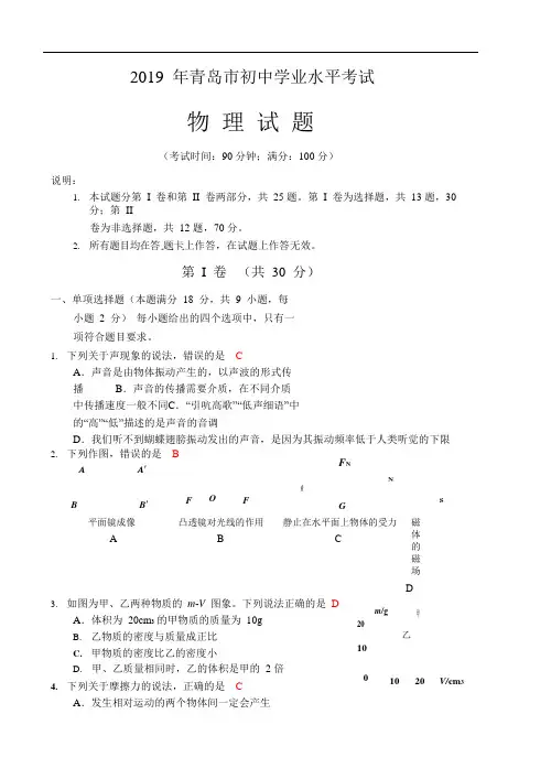 2019年山东省青岛市(初中学业水平考试)中考物理试题(WORD版,有参考解析)