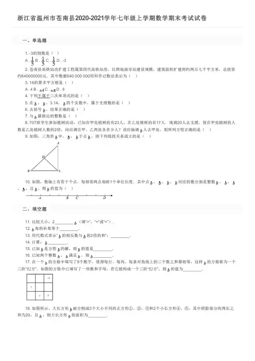 浙江省温州市苍南县2020-2021学年七年级上学期数学期末考试试卷及参考答案