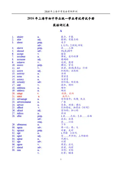 2016年上海中考英语考纲词汇(全)