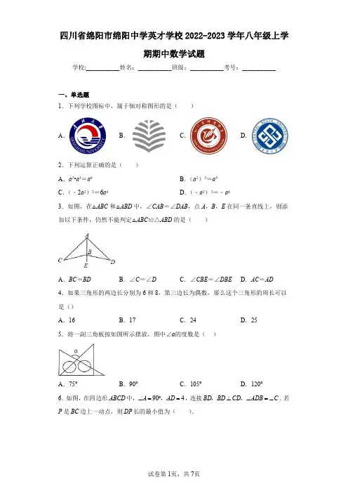 四川省绵阳市绵阳中学英才学校2022-2023学年八年级上学期期中数学试题