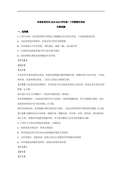 河南省郑州市2018-2019学年高一下学期期末考试生物试题+Word版含解析
