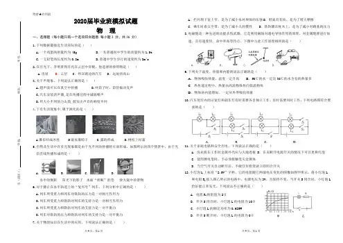 2020年中考物理模拟试题及参考答案