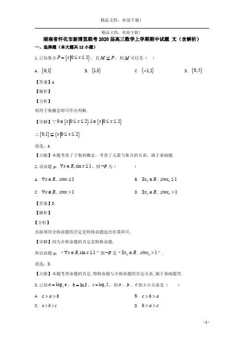 湖南省怀化市新博览联考2020届高三数学上学期期中试题文(含解析)
